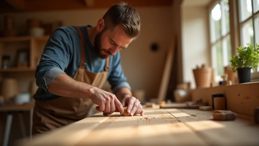 Woodworker crafting a garden bench in workshop with tools and wood materials