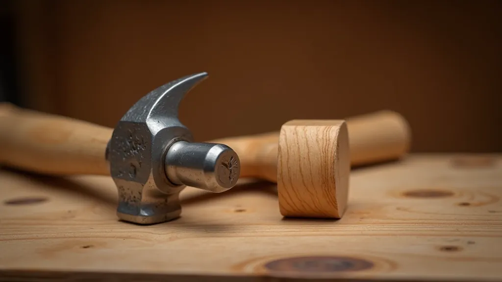 Hammer with claw and wooden mallet positioned side by side on workbench