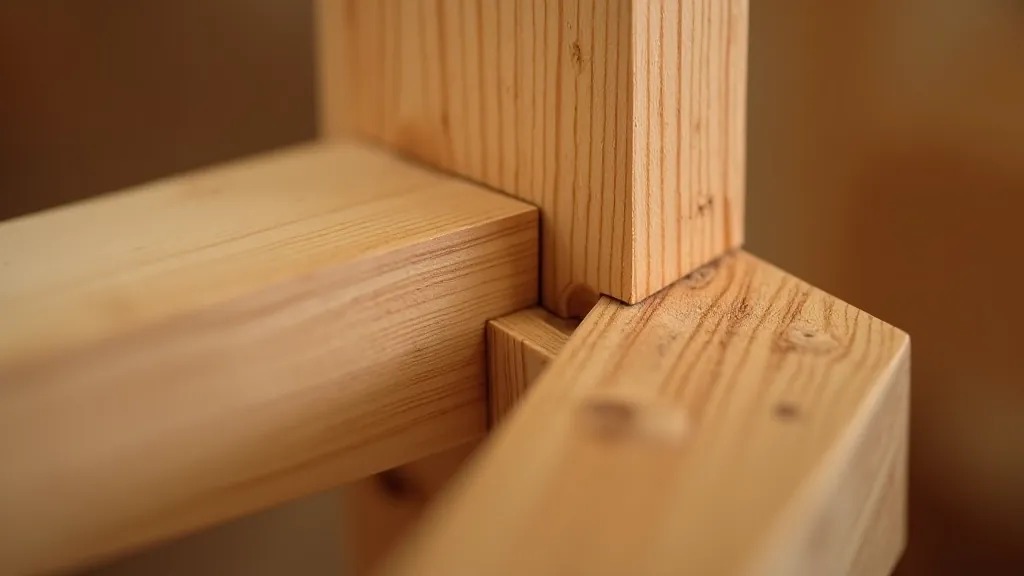 Close-up detail of mortise and tenon joint showing the protruding tenon being fitted into a rectangular mortise hole in wooden post