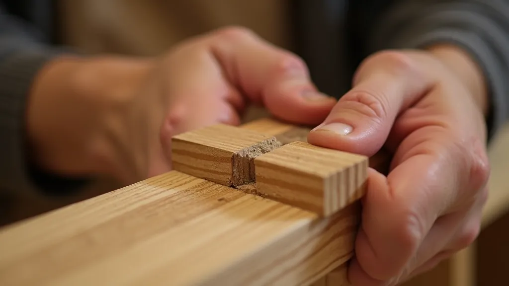 Close-up detail of wooden joinery showing mortise and tenon joint in natural wood with wood grain visible
