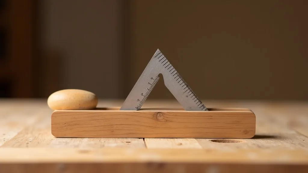 Combination square and folding rule on wooden workbench surface