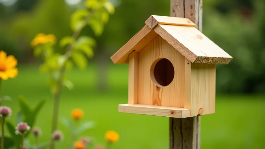 Finished wooden birdhouse mounted on tree branch in garden setting