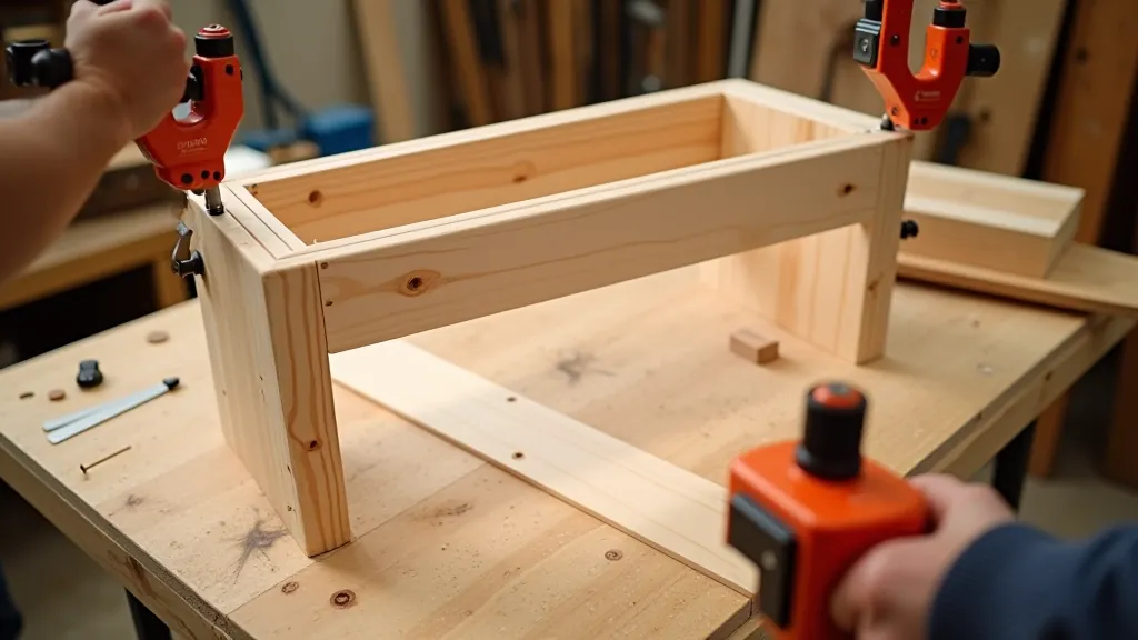 Finished wooden garden bench frame being assembled with clamps holding joints tight, showing the rectangular frame structure without seat slats