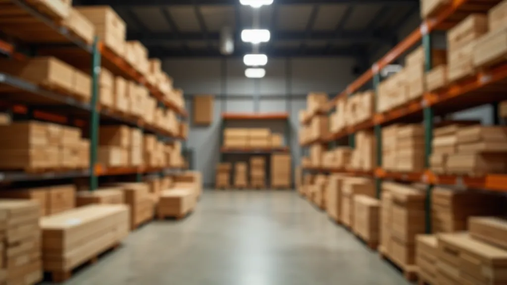 Interior view of lumber yard with organized stacks of pine and oak boards sorted by size and thickness, bright shop lighting
