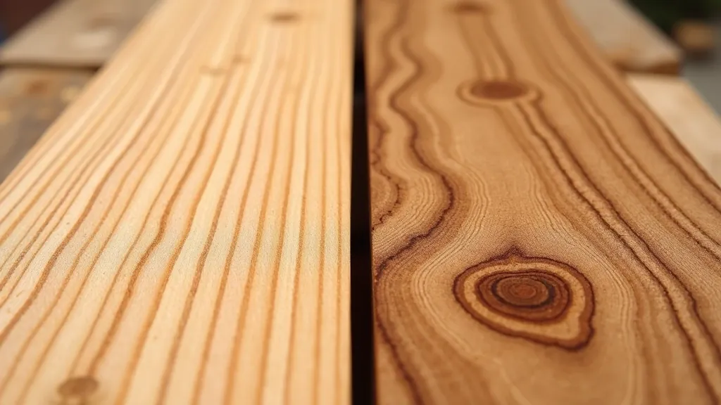 Close-up comparison of pine wood grain texture next to oak wood grain texture, showing distinct grain patterns side by side
