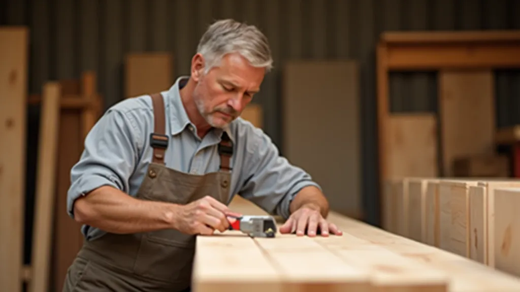 Experienced woodworker examining wooden board in lumber yard, holding board at eye level to check for warping and defects