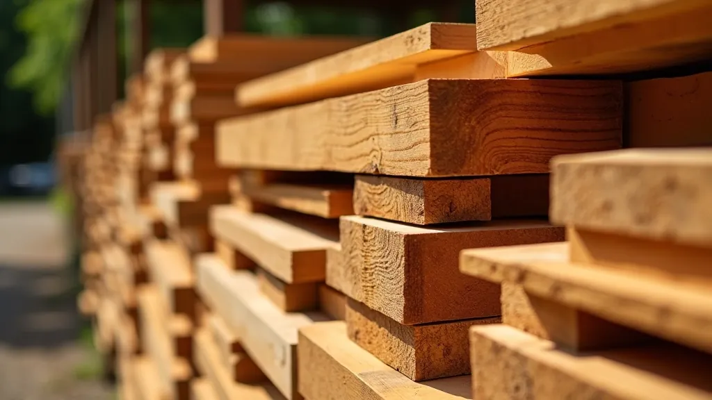 Stack of pressure-treated lumber boards in various thicknesses arranged outdoors in bright sunlight, showing wood grain texture and color variations