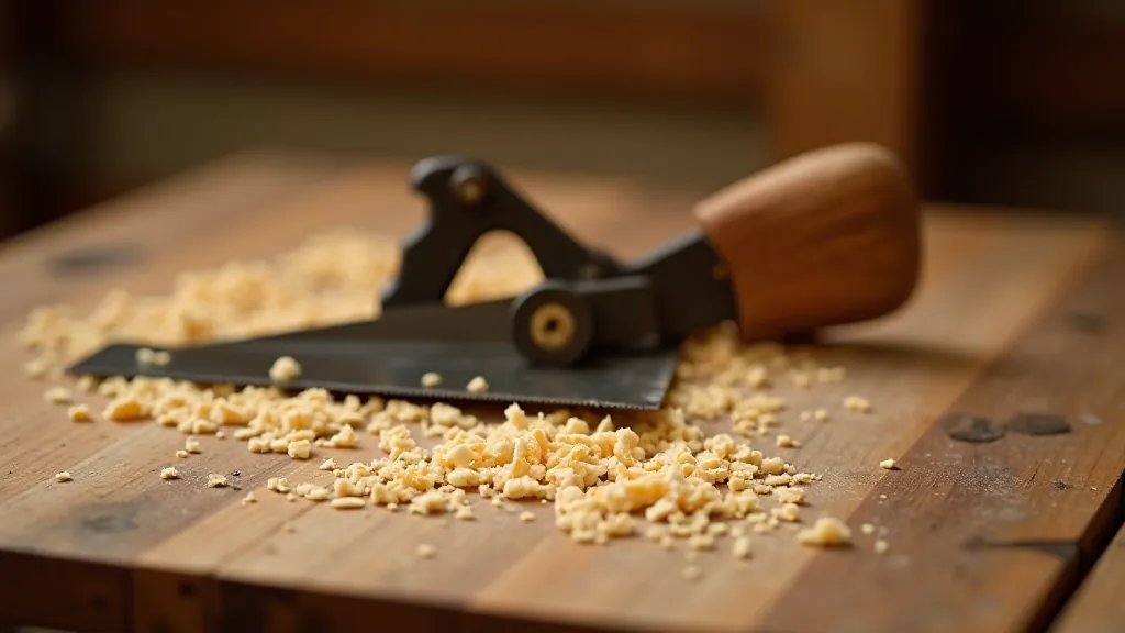 Hand saw with wooden handle positioned on pine board with wood shavings