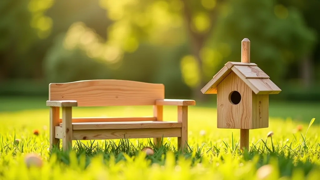 Handmade wooden birdhouse and garden bench in outdoor setting