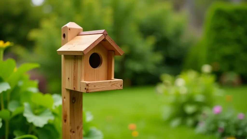 Wooden birdhouse mounted on tall wooden post in garden with green foliage and flowers visible in background