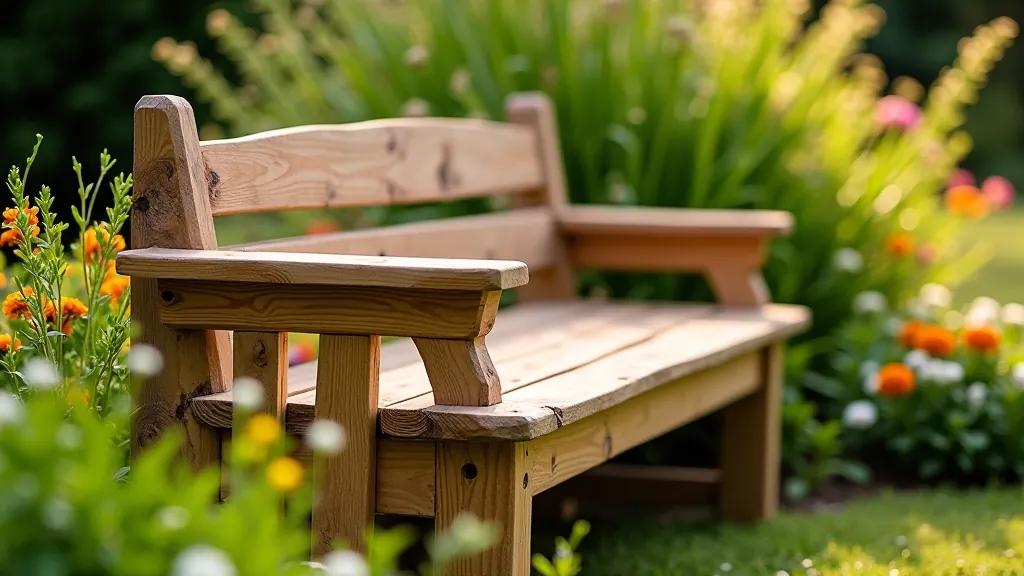 Wooden garden bench with simple frame construction displayed in outdoor garden setting