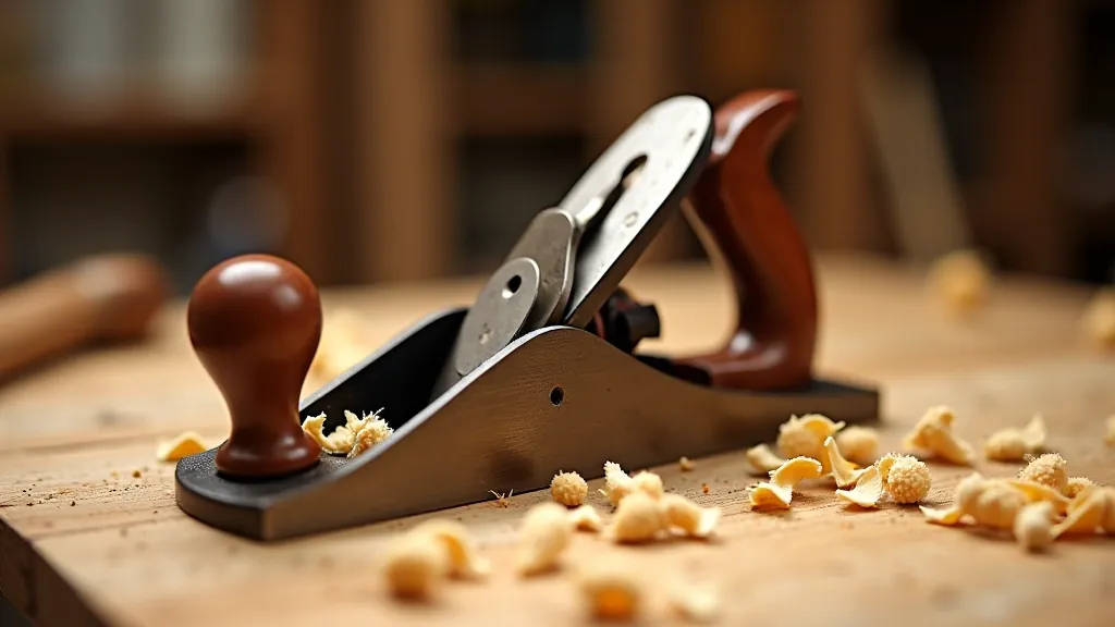 Hand plane on wooden board with shaved curls of wood