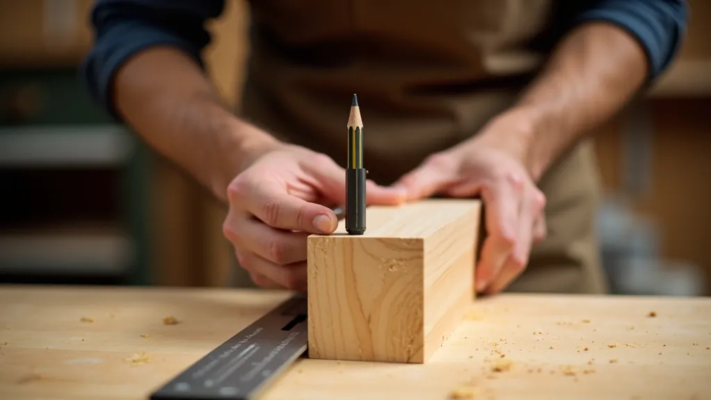 Woodworker measuring and marking cut lines on a 4x4 wooden post using a pencil and combination square, workbench setting with sawdust visible