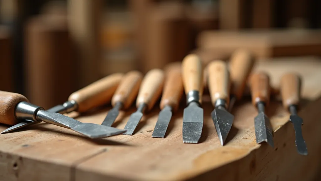 Assortment of chisels with different blade widths arranged on wooden surface