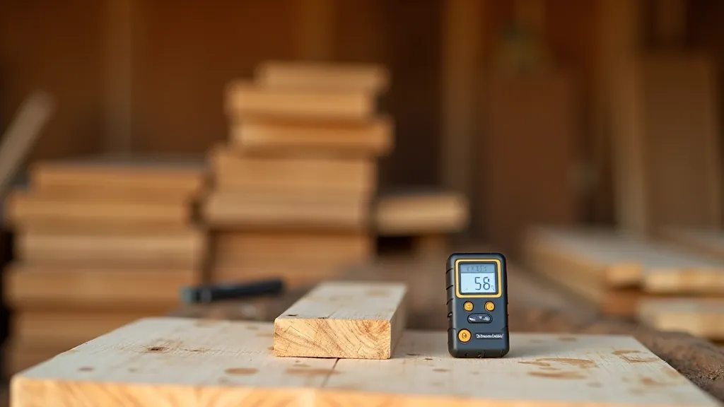 Moisture meter device pressed against wooden board surface in a lumber yard setting with stacked wood in background