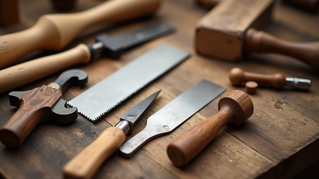 Essential woodworking hand tools neatly arranged on wooden surface