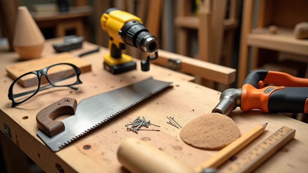 Assortment of woodworking tools laid out on wooden workbench including saw, drill, hammer, and safety glasses