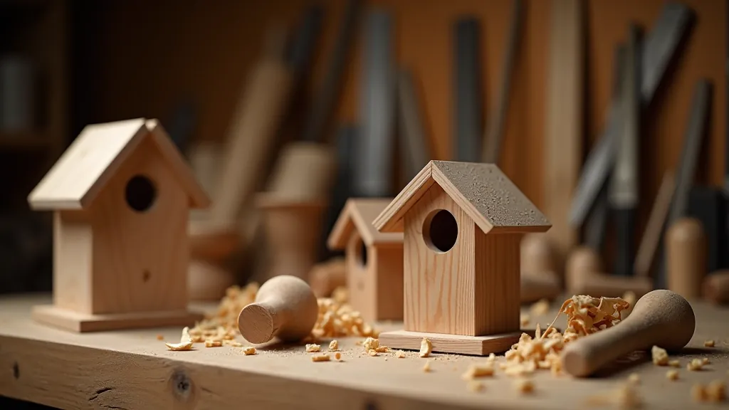 Woodworking workshop with hand tools, wood samples, and completed birdhouse projects on workbench