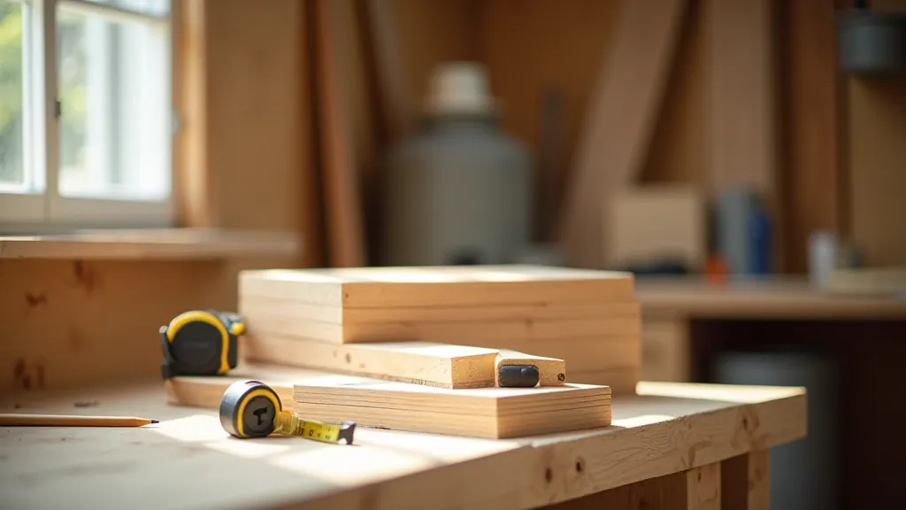 Freshly cut pieces of pine and oak wood stacked on a wooden workshop table with measuring tape